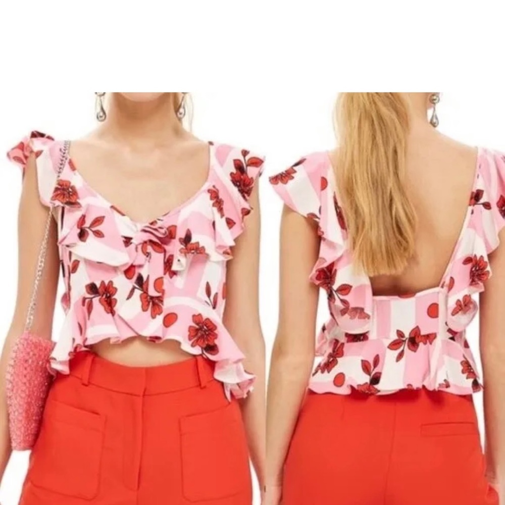 TOPSHOP Pink & Red Floral Ruffle Crop Top Size 6